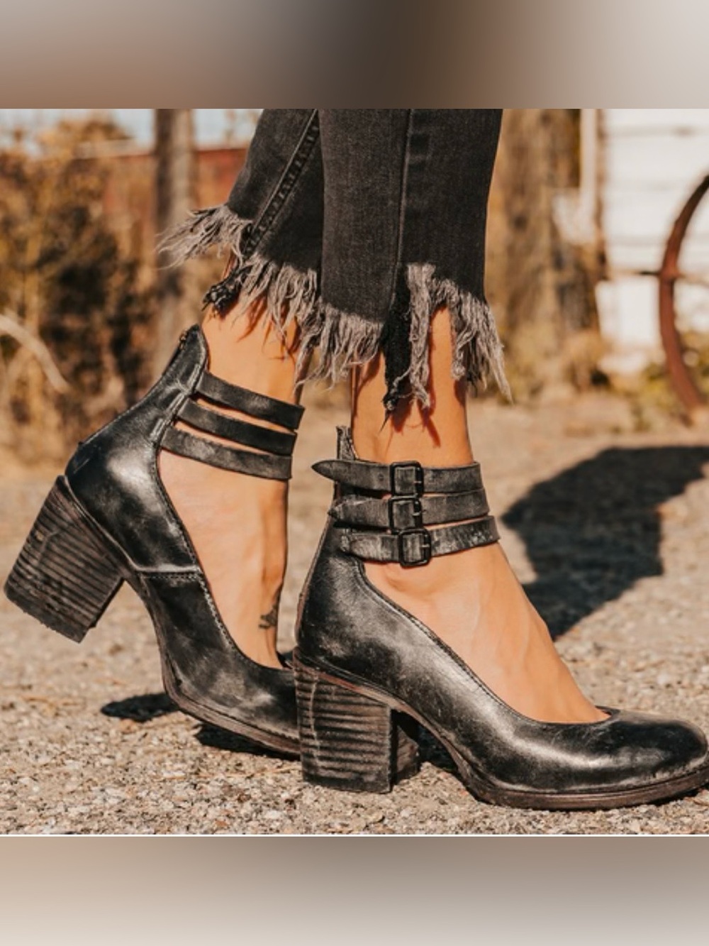 Freebird Randi Black Triple-Strap Stacked Heel Pumps